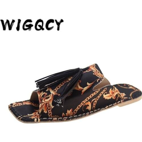 Print Womens Sandals Fashion Tassels Summer Shoes Brand Beach Slides Retro Print Shoes for Women Flat Slipper Outdoor Sandals