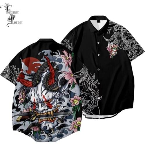 Cool Hannya Mask 3D Printing Unisex Shirt Casual Short Sleeve Cool Loose Button Streetwear Japan Harajuku Overclothes Oversize