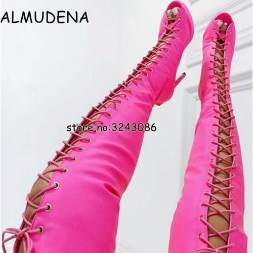 Best-selling Denim Thigh High Red Fashion Sexy Long Boots Peep Toe Gladiator Designed High Heels Sandal Boots Over the knee