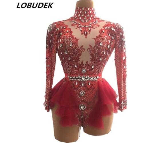 Sexy Bar Nightclub Dancer Costume Pink Red Voile Crystals Bodysuit DJ Latin Dance Acrobatic Performance Rhinestones Leotard