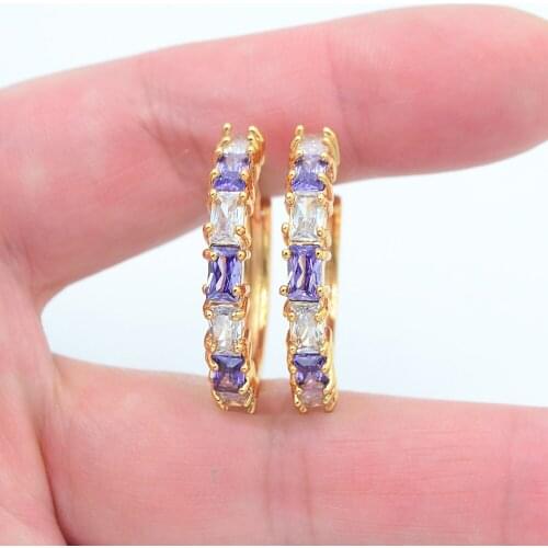 Gold Color Women Stylish White Purple Cubic Zirconia CZ Huggie Hoop Earrings