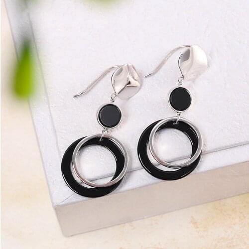 MetJakt S925 Sterling Silver Womens Black Agate Ear Pendant Fashion All-match