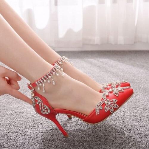 Women sandals wedding Party PU Rhinestones Buckle Strap 9.5CM Thin High heels Pointed Toe sandal women shoes 2020 size 35-42