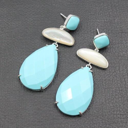 GuaiGuai Jewelry Natural White Shell Blue Turquoise 925 Silver Dangle Stud Earrings Handmade For Women
