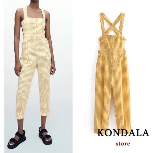 KONDALA Za Vintage Plaid Print Jumpsuits Women Cotton Streetwear High Waist Pants Fashion 2021 Women Rompers Elegant Jumpsuits