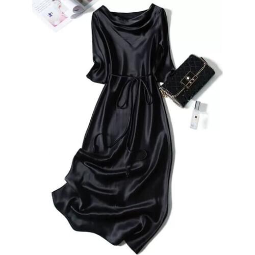 Summer Dress Womens Faux Silk Long Dress Round Neck Half Sleeve Cuff Satin Smooth And Comfortable Womens Vestidos Verano 2021