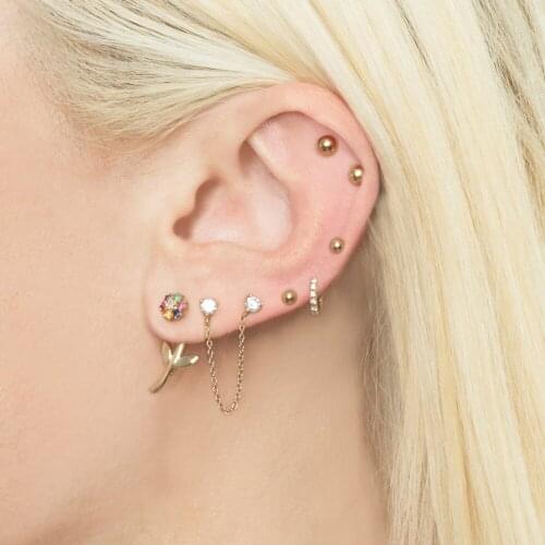 2021 Fashion New Arrived Jewelry Rainbow CZ Bloom Flower Studs Double Sided Green Leaves Women Girl Gorgeous Delicate Earring