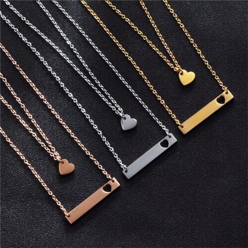 Julie Wang 1 Set Stainless Steel Long Strip And Heart Necklace Pendant Women Punk Jewelry High Quality Statement Necklace