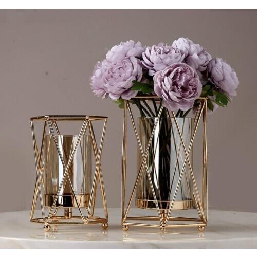 Gold Glass Vase Home Decor Flower Vase Gold Metal Shelf Luxury Sample Decoration Flower Arrangement Decoration Vases