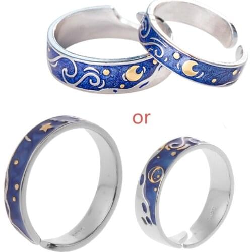 2021 New 2Pcs S925 Silver Plated Blue Starry Sky Open Lover Rings Band Love Forever Ring Set Romantic Jewelry