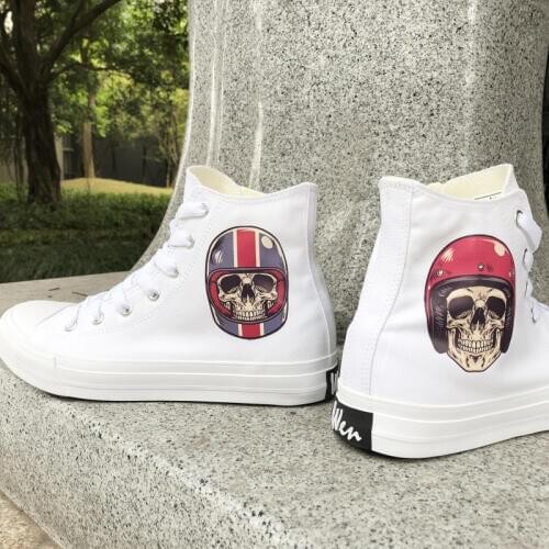 Wen White Canvas Sneakers Design Zombie Skull Motorcycle Helmet High Top Black Male Athletic Shoes Unisex Skate Shoes Plimsolls