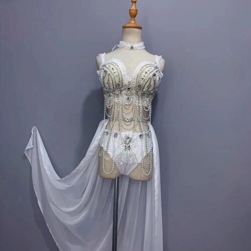 White Pearls Bra Shining Rhinestones Bikini Long Trailing Dress Sexy Nightclub Party Modern Dance Costume Teams Catwalk Outfits