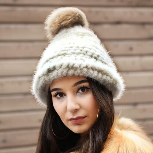 Free Shipping CX-C-38E Hat With Raccoon Fur Pompom Winter Warm Women Fashion Knitted Mink Fur Cap