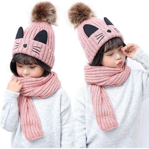 2019 Winter Childs Hat and Scarf Girl Boy Hat And Snood For Girls Boys Knitted Hat Bib Set Girls 2 Piece Set Skullies Baby Cap