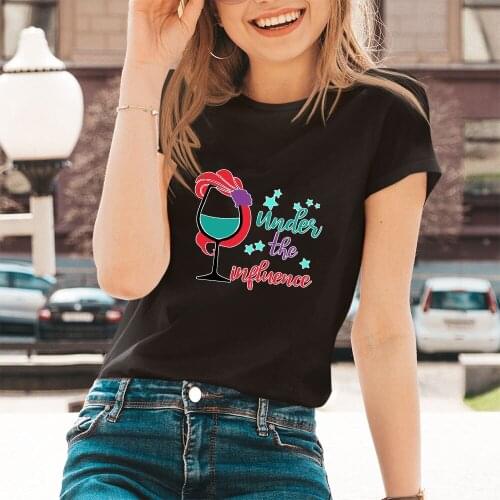 Under The Influence Letters T Shirt Women Disney Wine Glass Princess Summer New Short Sleeve Black White T-shirts Female Print