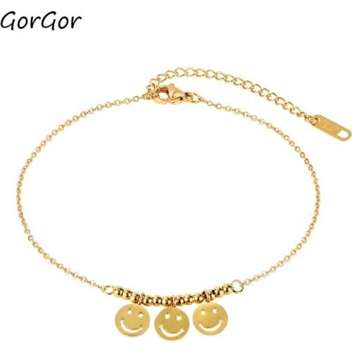 GorGor Women Anklets Titanium Steel Meatal Chain Cute Smile Face Design Beaded Ladies Fashion Accessories 105