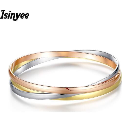 ISINYEE 3pcs/lot Fashion Titanium Circle Round Bangles Bracelets For Women Rose Gold Stainless Steel Statement Jewelry