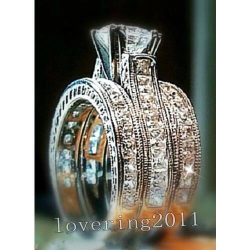Women Fashion Jewelry Hot Sale 3 IN 1 14KT White Gold Filled Princess Cut AAA CZ Zirconia Simulated stones Wedding Lovers Ring