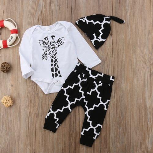 0-18M Newborn Baby Clothes Set Giraffe Print Long Sleeve Romper + Long Pants + Hat 3Pcs Spring Autumn Oufits for Boys Girls
