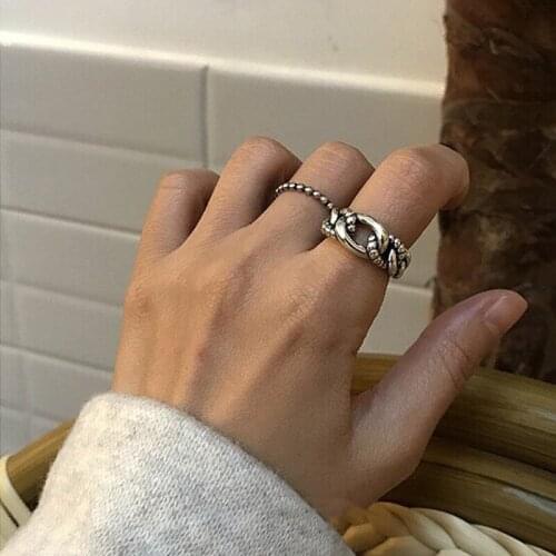 Korean Simple Street Heavy Industry S925 Sterling Silver Ring Thick Hemp Rope Staggered Hollow Opening Adjustable Hip Hop