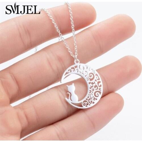 Origami Cat Moon Necklaces Women Stainless Steel Hollow Moon Phase Necklace Choker Set Korean Exquisite Jewelry Bohemian Gift