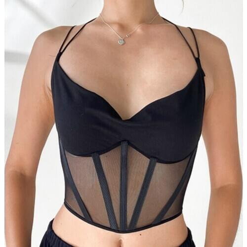 Musuos Sexy Summer Women Crop Tops Mesh Back Lace-up Camis Ladies Sling V Neck Slim Vest Bandage Bustiers Camisoles Club Street