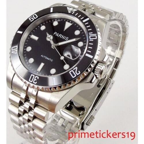 Automatic movement 40mm PARNIS black dial rotating black ceramic bezel sapphire glass top brand mechancial mens Watch