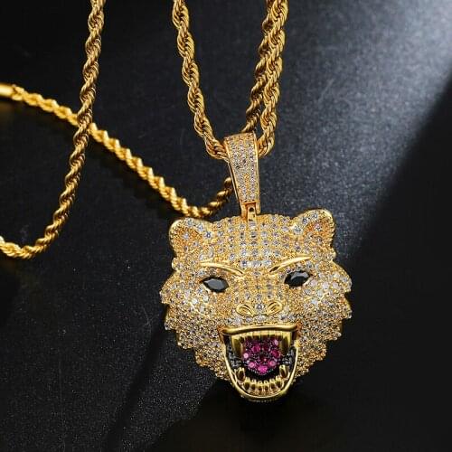 New Fashion Charm Hip Hop Iced Out Bling Cubic Zircon CZ Wolf Head Solid Back Necklaces Pendants for Men Jewelry Tennis Chain