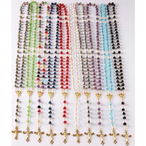 NEW Catholic Saint Virgin Mary Rosary Sparkling Mystery Crystal Beads Necklace Jesus Crucifix Cross Pendant