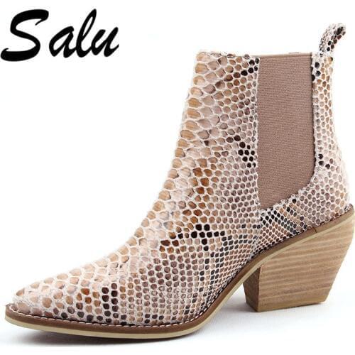 Salu New Ankle Boots Sexy Snake Pu Leather Women Shoes Pointed Toe Thick High Heel Embossed Leather Shoes Woman