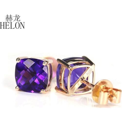 HELON 3.8ctct Natural Cushion Cut Amethyst Solid 14K Rose Gold Stud Earrings For Women Engagement Wedding Party Fine Earrings