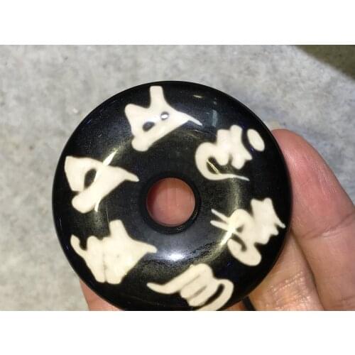 Treasure Talisman Magic Power Tibetan Old Agate 6 words of the truth OM totem COIN-SHAPE dZi Bead Totem Amulet LZK timestown