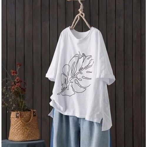 Cotton 95% Printed Women White T-Shirts Loose Oversized Half Sleeved Casual Vintage Female Pulls Tops Tees
