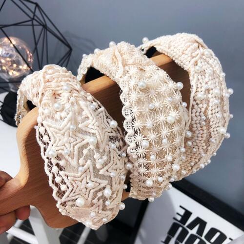 Floral Star White Black Lace Headband Pearl Hair Accessories Sweet Wedding Boutique Bow Hair Bands for Women Wide Knot Headwear