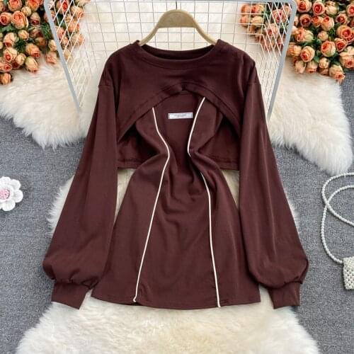 Two piece woman clothes long puff sleeve blouse +spaghetti strap dresses for women patchwork bodycon vestidos