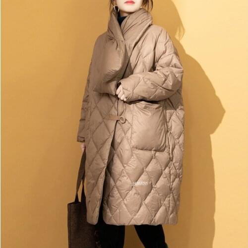 2021 New Winter 90% Duck Down Jacket Women Loose V-Neck Scarf Lightweight Warm Medium Long Puffer Coat Ladies Portable Outwear