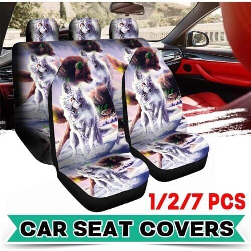 1/2/7PCS Universal Protector Car Seat Cover Front And Back 3D Animal Wolf Print Full Set Car Cushion Cover For Van Truck