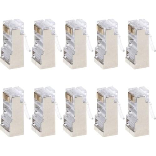 10Pcs Cat6 8-Pin RJ45 8P8C Shielded Stranded Crimp Modular Plug Connector Socket