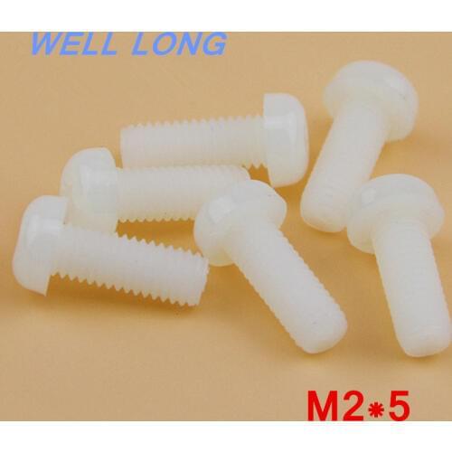 100pcs/lot M2*5mm White Round head cross nylon screws, pan head plastic screws, plastic bolts