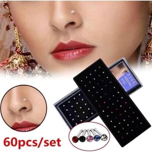60Pcs/Set Nose Studs Hot Colored White Crystal Nose Nail Rings Body Rhinestone Nose Piercing Jewelry For Women Girlfriends Gifts