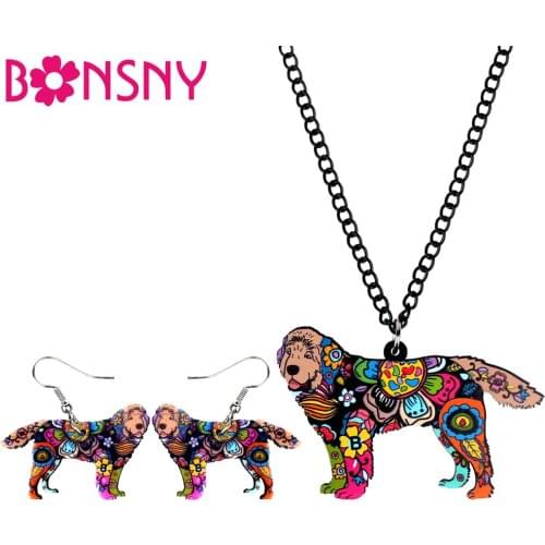 Bonsny Acrylic Jewelry Set Newfoundland Dog Necklace Earrings Choker Collar Fashion Pendant For Women Girl Gift Decoration NE+EA