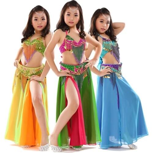 Kids Stage Performance Belly Dancing Clothes 3-piece Set Oriental Outfit Bra, Belt, Skirt Girls Beaded Belly Dance Costume #868