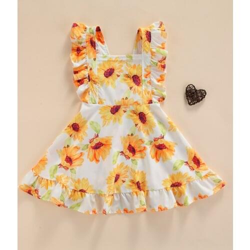 2-7Y Kids Dress Girls Sunflower Print Square Collar Fly Sleeve Ruffled Dresses Summer Sundress