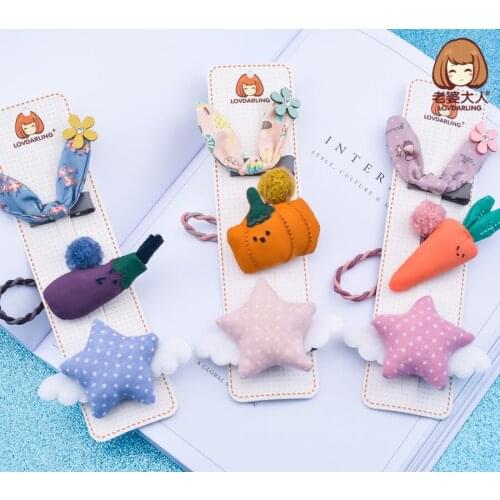 Fruit and Vegetable Series Bunny Ear Idea Fabric Five-Pointed Star High Elastic Rubber Band Hair Band Series Combination Set