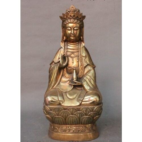 China Buddhism Brass Sit Lotus Flower Kwan-yin Vase Guan Yin Boddhisattva Statue