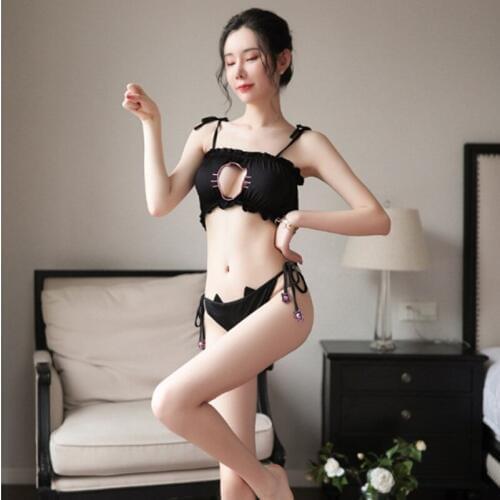 Sexy lingerie set student hollow strappy panties sexy cute playful kitten uniform pajamas suit girl black white sloth sleepwear