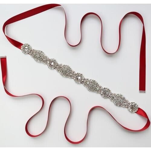 Red satin ribbon Rhinestones Bridal Belt Fresh Design Crystal Wedding Sash belt For Wedding Dress Accessories