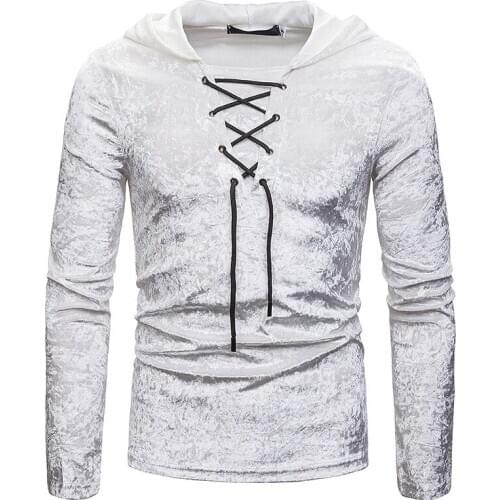Fashion Lace-up V Neck Tshirt Men 2020 Autumn Winter New Long Sleeve Velvet T Shirt Men Streetwear Casual Tee Shirt Homme xxl