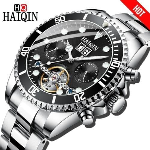 HAIQIN Brand Men Dress Watches Mechanical Business luxury Gift Watch Tourbillon steel Waterproof Male Wristwatch Reloj hombres
