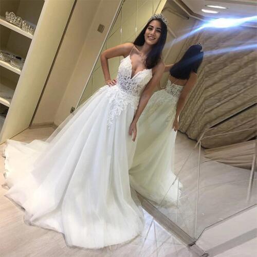 Charming Illusion Wedding Dresses V-neck Spaghetti Straps Appliques Bridal Gowns A Line Floor Length White Ivory Wedding Gowns